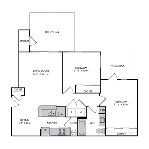 Floor plan for 2 beds, 1 bath, 1051 sqft